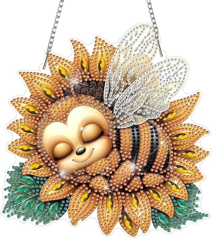 DOMROM Bee Diamond Art Hanging Kits for Adults Beginners, Special Shaped Crystal Diamond Painting Bee Pendant, DIY Diamond Art Suncatchers Animal for Home Garden Wall Decor Gift