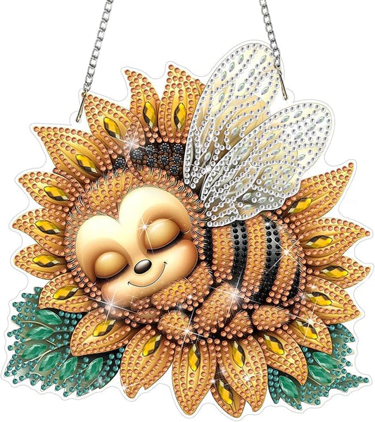 DOMROM Bee Diamond Art Hanging Kits for Adults Beginners, Special Shaped Crystal Diamond Painting Bee Pendant, DIY Diamond Art Suncatchers Animal for Home Garden Wall Decor Gift