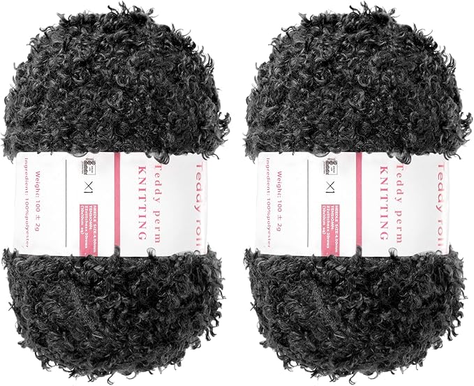 MECCANIXITY 2 Skeins Fur Yarn Soft Fluffy Chunky Yarn Fuzzy Eyelash Yarn Black for Crocheting Knit Clothes Bag - 55Yard/50m, 3.12ozx2