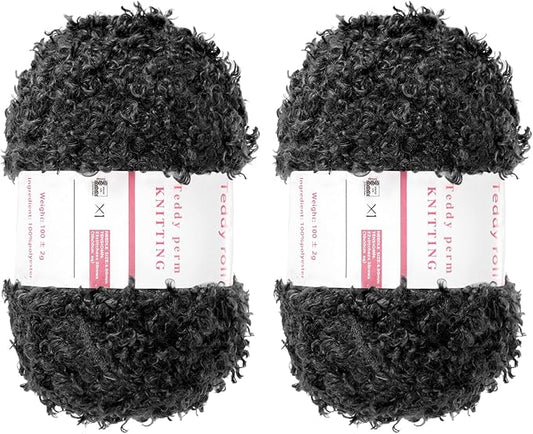 MECCANIXITY 2 Skeins Fur Yarn Soft Fluffy Chunky Yarn Fuzzy Eyelash Yarn Black for Crocheting Knit Clothes Bag - 55Yard/50m, 3.12ozx2
