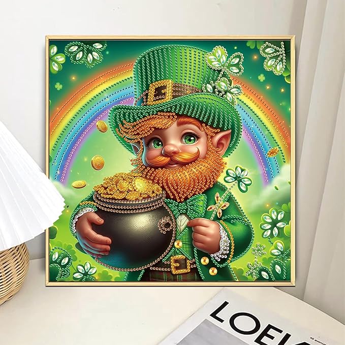 MVVMTOP Diamond Painting Kit St Patrick’s Day Dwarf and Rainbow Shamrock Lucky Coins Special Shaped 5D Partial Crystal Diamond Art DIY Wall Decor Gift
