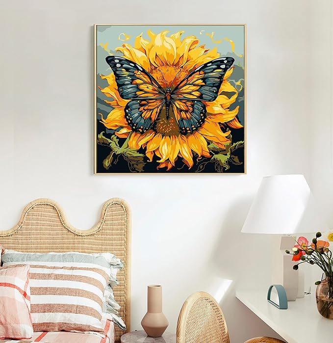 Framed Paint by Numbers Kit for Adults Beginners & Kids Ages 8-12, Butterfly Sunflower Acrylic Easy Paint by Number with Frame, Paint by Number Kits on Canvas Framed (10 * 10 Inch, without Easel)