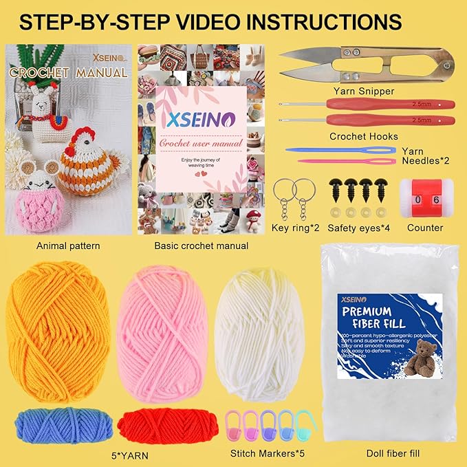 XSEINO Crochet Kit for Beginners - Crochet Start Kit with Step-by-Step Video Tutorials - Learn to Crochet Kits for Adults - Alpaca, Hamster, Chubby Chicken