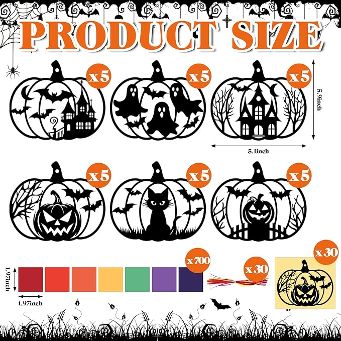 30 Pcs Halloween Suncatchers Paper Craft Set Pumpkin Bat DIY Stained Glass Effect Tissue Paper Kits Gift Bulk for Halloween Classroom Activities Art Party Decor