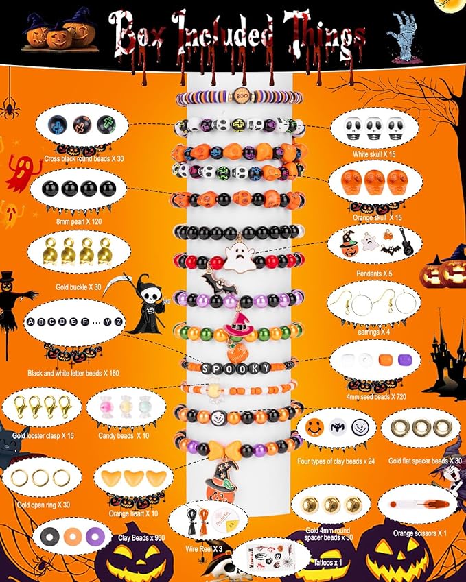 Goldwise Halloween-Inspired Jewelry Making Kit for Adults, 2 Boxes with Black, Orange & Purple Beads, Alphabet Beads (A–Z) & Halloween Charms for DIY Jewelry Design