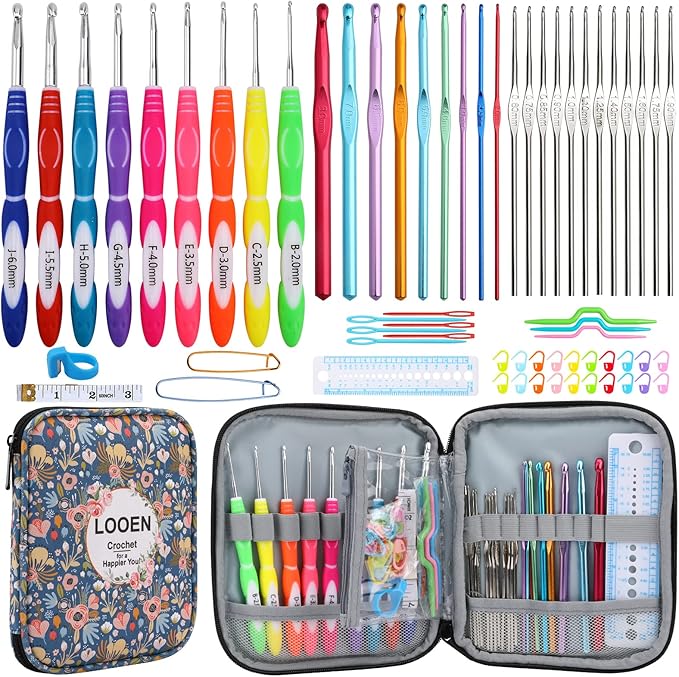 LOOEN New Set Crochet Hooks Set 62pcs Crochet Kit, 9pcs Rubber Handles Hook 2.0MM-6MM and 9pcs Aluminum Hooks Hook 12pcs Lace Hooks Comfort Grip for Arthritic Hands-Accessories Included (A - Blue)