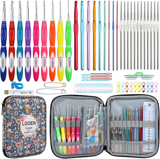 LOOEN New Set Crochet Hooks Set 62pcs Crochet Kit, 9pcs Rubber Handles Hook 2.0MM-6MM and 9pcs Aluminum Hooks Hook 12pcs Lace Hooks Comfort Grip for Arthritic Hands-Accessories Included (A - Blue)