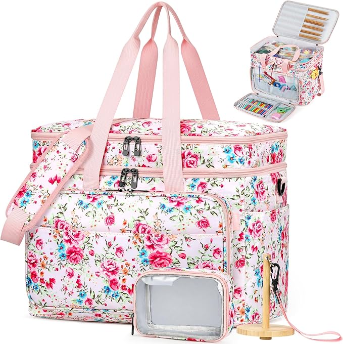 IBFUN 3PCS Crochet Bag with Wrist Yarn Holder, Large Yarn Storage Tote Waterproof Knitting Bag Organizer with Adjustable Strap for Hooks, Needles (Up to 14"), Accessories, Crochet Lovers, Tangle-Free