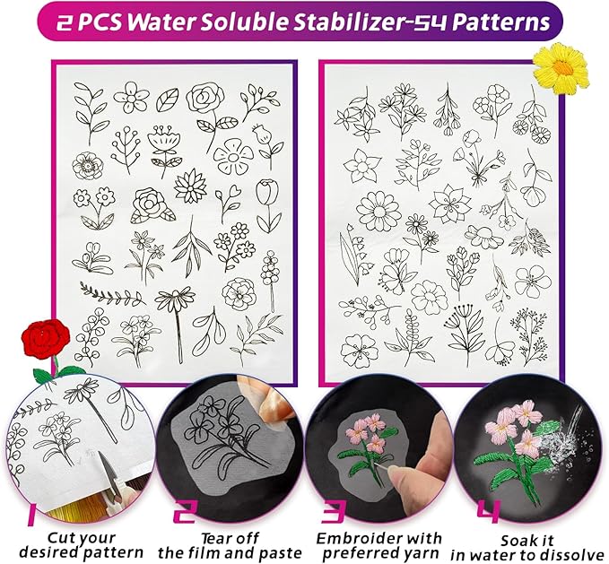 SNAIL GARDEN 256PCS Complete Embroidery Kit with Canvas Bag,2 Sticky Water Soluble Paper Stabilizers with 50 Patterns, 100 Colorful Threads, 5 Hoops, Fabric Pieces, Needle Threaders,Thread Organiser