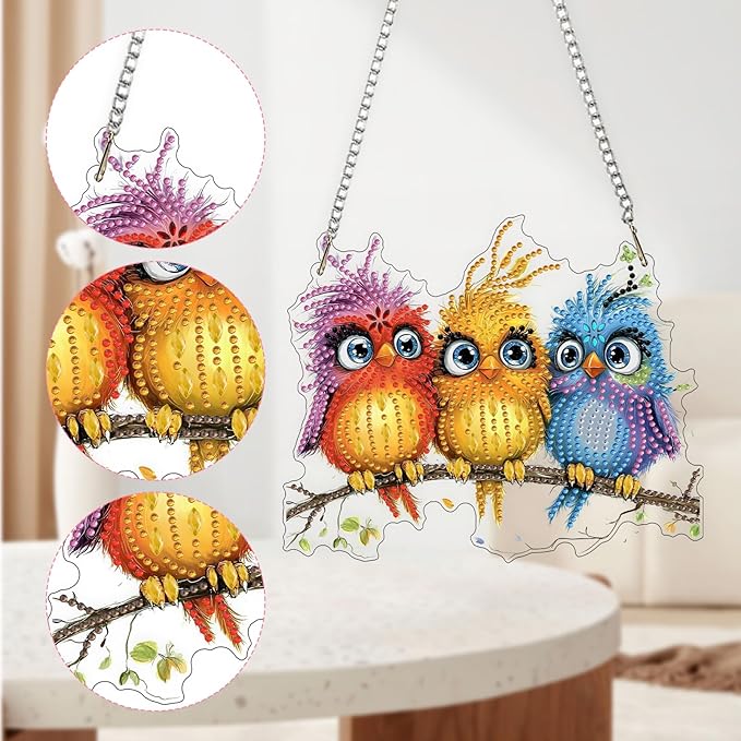 QENSPE DIY Hanging Diamond Painting Pendant Kit Animal, Birds Diamond Art Ornament Kit Acrylic Board for Window,Easy Crystal Pendant Gem Art for Home Garden Wall Decor,20x20cm