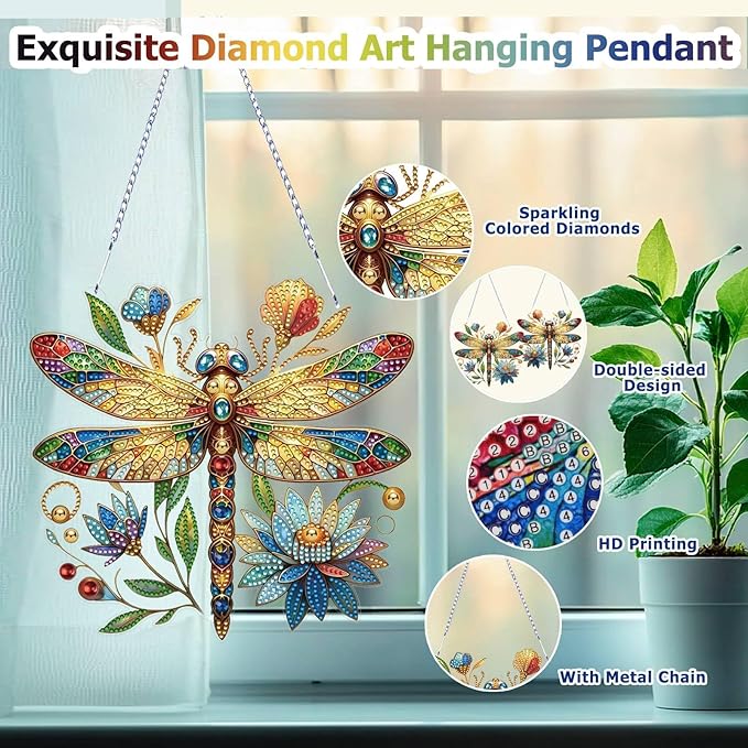 Koikify Diamond Art Hanging Pendant, Dragonfly Crystal Gem Painting Ornament Crafts Kit for Home Décor & Gift