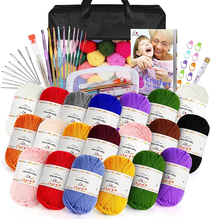 aeelike 20pcs acrylic yarn for crocheting, crotcheting set for beginners, crochet kit with everything include 1093 yards yarn, aluminum crochet hooks,step-by-step instruction and black organiser bag