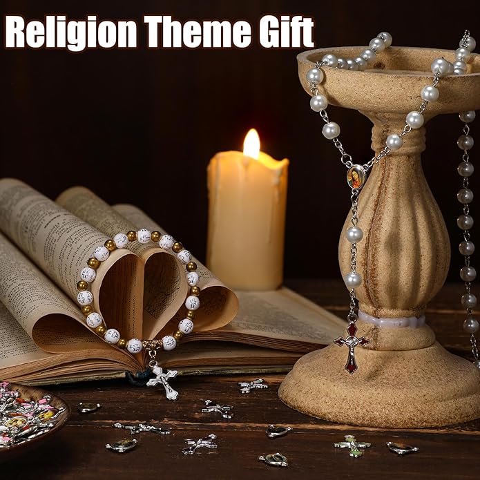 Rosary Making Kits Supplies Cross and Center Medal Charm Alloy Picture Religious Charms Crucifix Pendant for DIY Jewelry Making Prayer Bracelet Necklace Earring