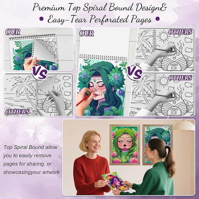 Sugar Skull Coloring Book for Adult Women Relaxation, Spiral Bound, Printed Single-Sided, Adult Coloring Book for Women with 24 Pages Arts and Crafts Sugar Skull Mindfulness Gift