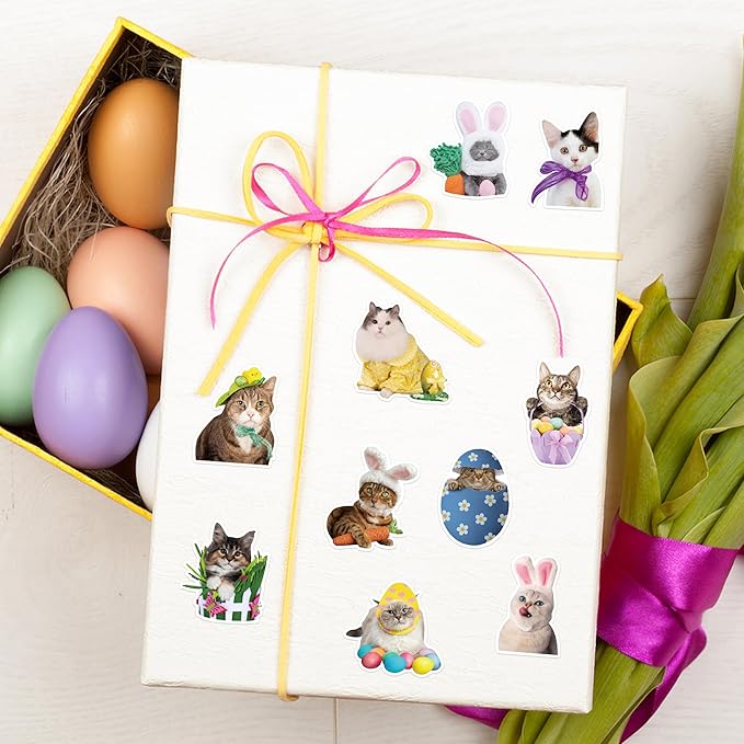 h1vojoxo easter cat sticker rolls - 1000pcs holiday cat dress up stickers for kids 16 designs funny self-adhesive stickers for easter party supplies easter eggs stickers for craft envelope cat lover