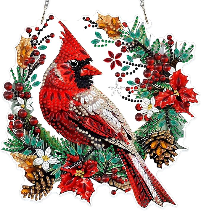 MOGTAA Christmas Cardinal Diamond Art Hanging Kits for Adults Kids, Christmas Landscape Diamond Art Suncatchers, 5D Special Shape Diamond Painting Window Pendant Kit for Home Garden Wall Decor