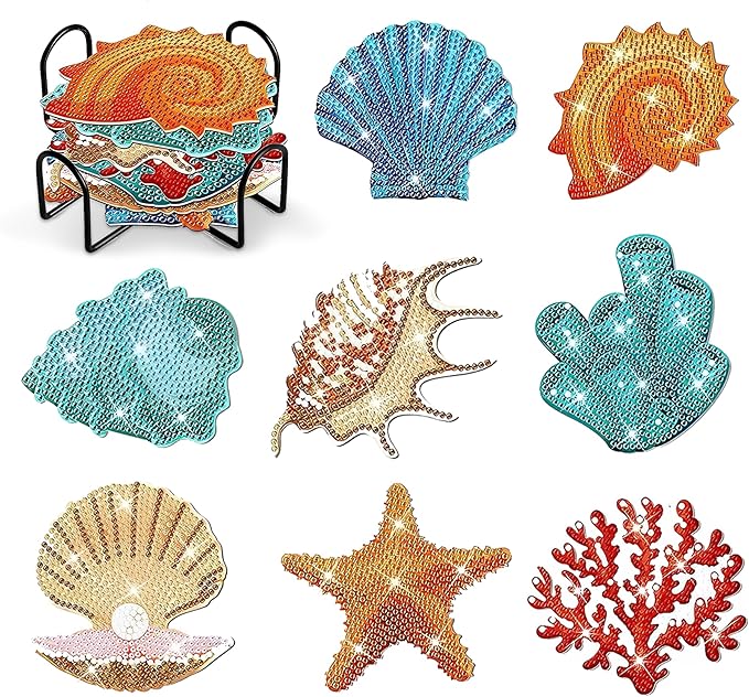 8 pcs Diamond Painting Coasters | Diamond Art Coasters | Sea Shells Diamond Art Painting | Perfect Art Craft Gift for Sea Shells Lover, Dad, Mom, Grandparents, Brother, Sister.