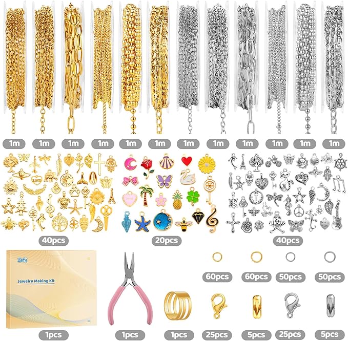 Zefy 18K Gold Silver Chain for Jewelry Making Kit, 39.6ft 12 Rolls Stainless Steel Chains Bulk with 380 Pcs Charms, Jump Rings Lobster Clasps Set for DIY Bracelet Necklace Crafts