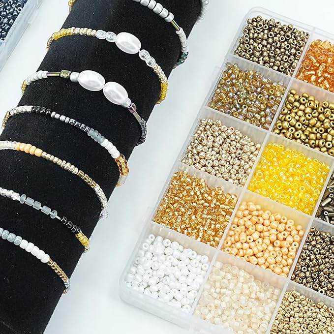GTAAOY Mix 15 Color Glass Seed Beads, Glass Bugle Beads Tube Beads for Adults, Bracelet Bead Boards, Tweezers,Elastic Sting for Jewelry Making(Mix Size,Gold)
