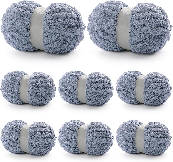 8 Pack Chunky Yarn for Hand Knitting - Chenille Yarn for Crocheting - 224 Yds Chunky Blanket Yarn Jumbo, Bulky Thick Fluffy for Knitting Blankets, Super Bulky Yarn 61.6 Oz (Blue Gray)