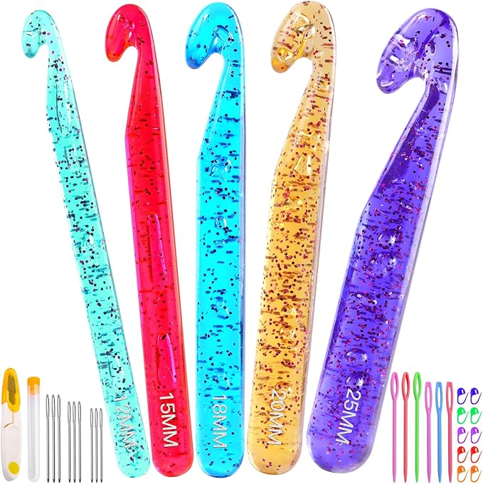 Qmnnma Large Crochet Hooks, 5 Large Crochet Set, 12mm-25mm Crochet Hooks, Huge Crochet Hooks, Colorful Transparent Crystal Large Crochet Hook for Crocheting Yarn, Chunky Yarn, DIY Crafts