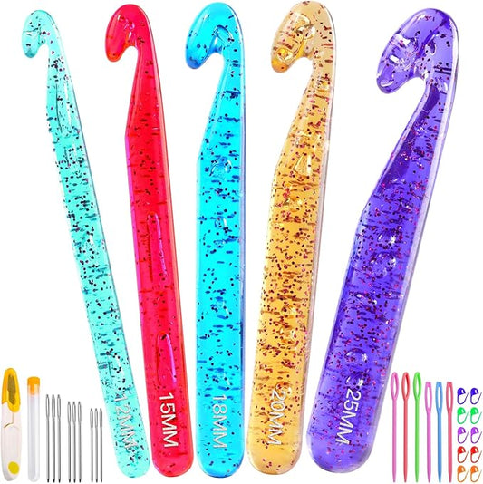 Qmnnma Large Crochet Hooks, 5 Large Crochet Set, 12mm-25mm Crochet Hooks, Huge Crochet Hooks, Colorful Transparent Crystal Large Crochet Hook for Crocheting Yarn, Chunky Yarn, DIY Crafts