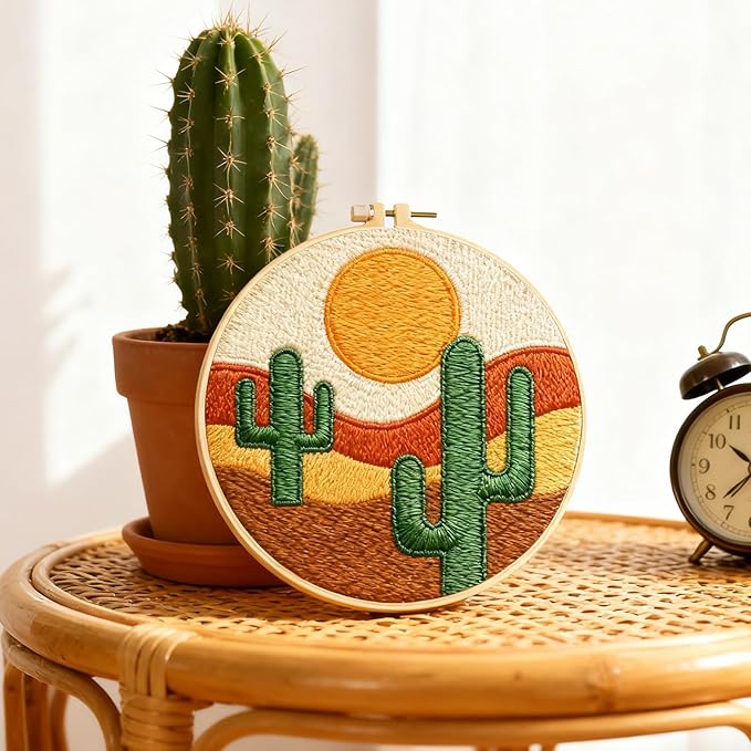 BEUNITONE Bohemian Embroidery Kit for Beginners, 6-Piece Stamped Needlepoint Craft Kits with Landscape, Sun, Moon, Leaves, Vase Designs, Complete DIY Handmade Embroidery Set for Relaxing Creative Fun