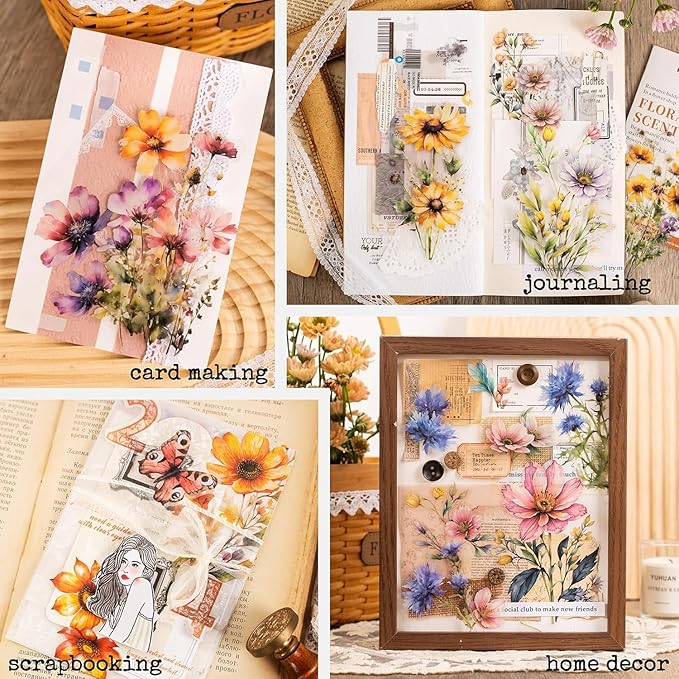 80Pcs Large Flower Stickers - Big 4.7" Waterproof Clear Botanical Floral Journaling Sticker for Scrapbook Junk Journal Supplies Bullet Journals Planner Collage Laptop Paper Crafts