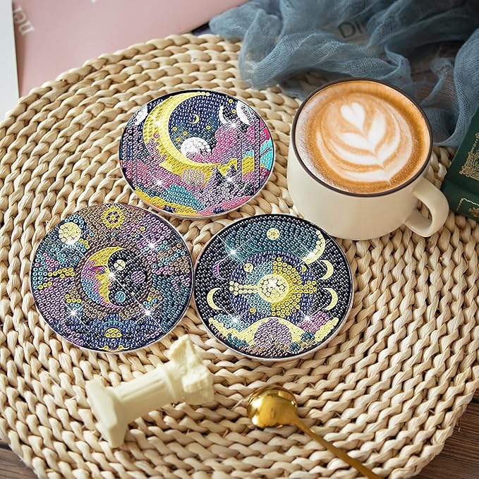 EWJRNSF 8 PCS Small Diamond Painting Coasters Kit, Fall Art Coasters for Adults Beginners, Arts and Crafts Supplies Item Sets Not with Holder Moon