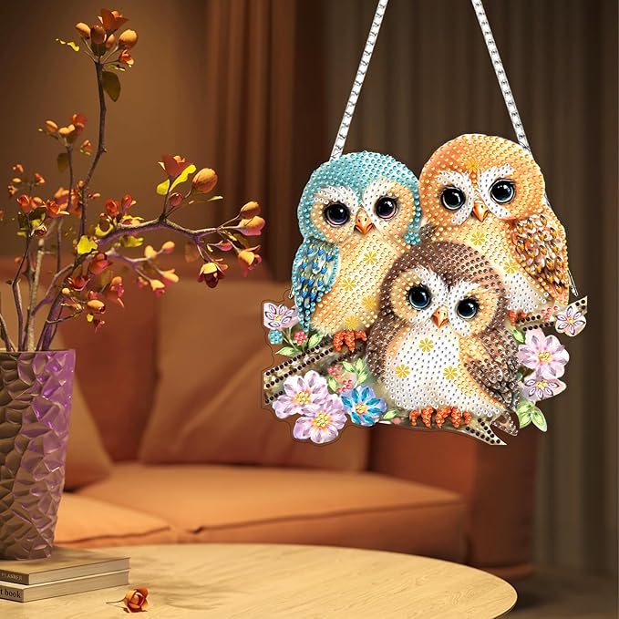 Lxmsja DIY 3 Cute Owls Diamond Painting Hanging Ornament, Double-Sided Acrylic Pink Flowers Diamond Art Kit, Special Shaped Suncatcher Hanging Pendant Window Art Kit 8x8 inch