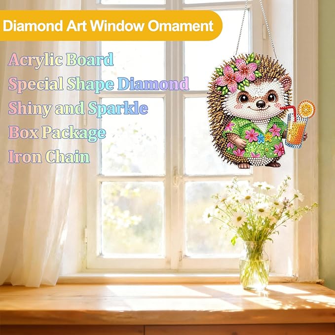 CEOVR Hedgehog Hanging Diamond Art, Cartoon Hedgehog Diamond Painting Pendant for Adults DIY Gem Art Wall Ornament, Acrylic Home Garden Decor with Chain, Box Kit 7.28×7.87inch