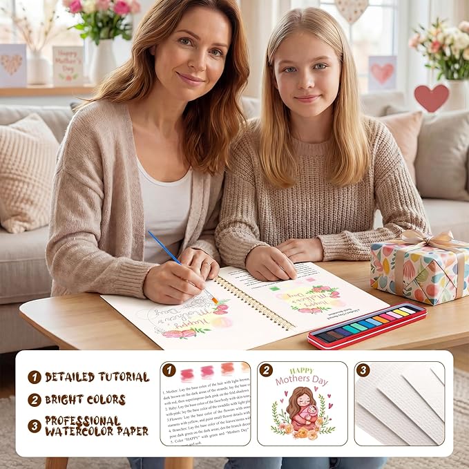 Mother's Day Watercolor Workbook for Adults, Beginner Friendly Watercolor Painting Kit Water Coloring Book, Nature-Themed Practice Art Gift Water Color Paint Book with Palette and Brush
