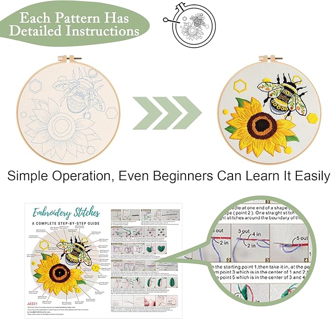Nuberlic 3 Pack Embroidery Kit for Beginner Adults, Cross Stitch Set with Cute Bee Patterns, Includes Cloth, Hoops, Threads, Needles, Instructions