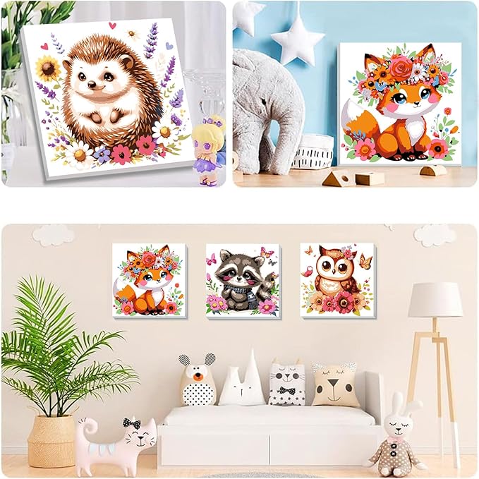 4 Pack Animal Paint by Number for Kids with Wooden Frame, Paint by Numbers for Kids Animals Ages 4-8-12, Easy Owl Fox Hedgehog Raccoon DIY Acrylic Oil Painting Kits for Home Wall Decor (8X8 inch)