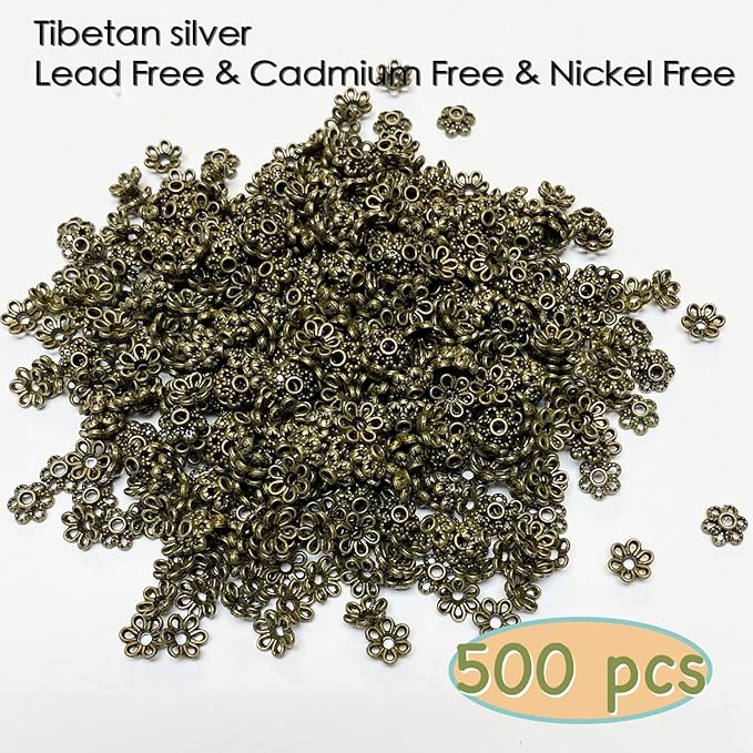 Heather's cf Flower Bead Caps Custom Fancy Charm Jewelry Making Spacer Kit Findings Bulk Vintage for Bracelets Earrings Necklaces Rings Beading Supplies Craft Non Tarnish DIY (Tiny Brass - 500 Pcs)