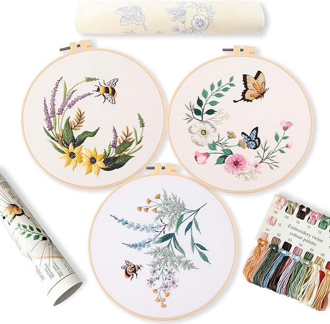 reewisly 3ps embroidery starter kit patterns, diy adult cross stitch kits beginner, including 3 plastic embroidery rings, 1 scissors, colored threads,needles and instructions