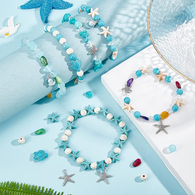 SUNNYCLUE 1 Box 6 Pcs Boho Style 8mm Summer Ocean Turtle Beads Adjustable Beading Bracelet Making Kit Synthetic Turquoise Starfish Beads for Jewelry Making Sea Shell Charms Alloy Starfish Charm