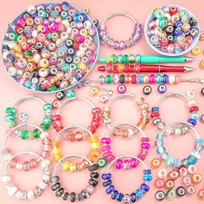 220 Pcs European Large Hole Spacer Beads, Zyehxed Assortment European Craft Beads Colorful Rhinestone Lampwork Beads Fairy Garden Beads For DIY Charms Bracelet Necklace Earring Jewelry Making Supplies