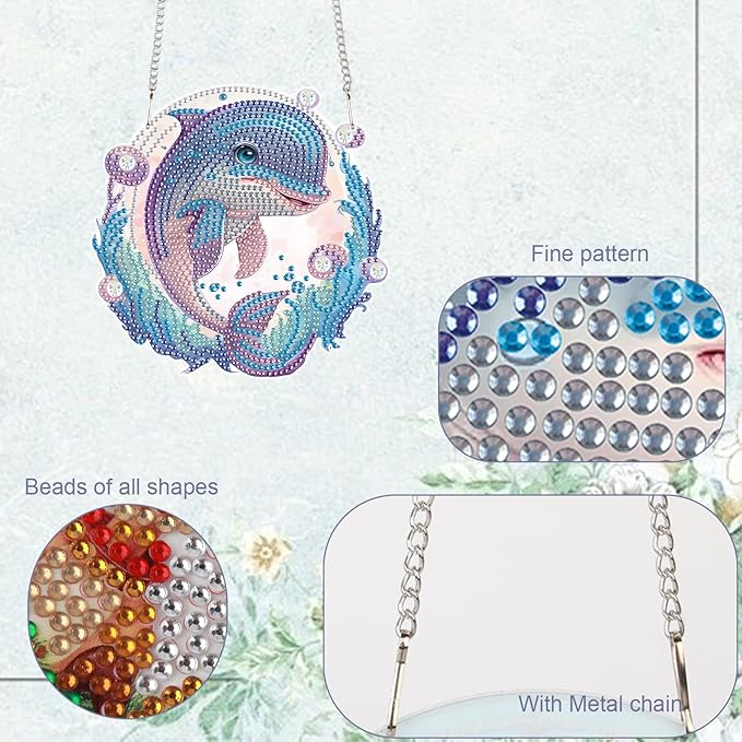 TDFERAN Diamond Painting Pendant Dolphin Mosaic Making Kits by Kits Home Decoration Pendant Diamond Peinture Hanging Diamant Painting Suncatcher Art Wind Chimes Hanging Pendants for Wall Home Decor