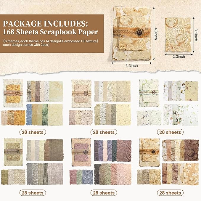 168 Pcs Textured Vintage Scrapbook Paper Kit with Washi Tape & Double Sided Tape, 6 Themes Junk Journal Supplies for Scrapbooking, Card Making, Collage Crafts