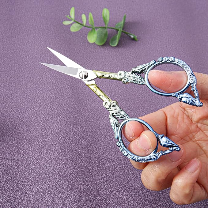Crochet Scissors with Cover – Blue Gold Vintage Small Embroidery Scissors, Sharp Craft Scissors for Yarn Thread Sewing Needlework, Cute Bird Design Gift for Crocheter Quilter, 4.5 Inch
