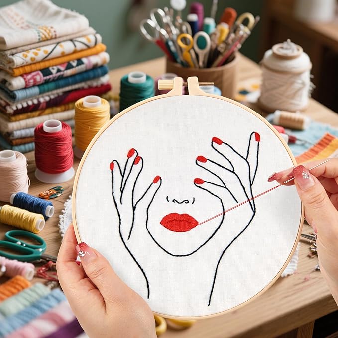 Embroidery Starter Kits for Beginners Adults, Stamped Cross Stitch Kits with Human Face Patterns for Beginners Adults, Craft Hobbies Set for Women, Embroidery Fabric, Threads, Hoops and Video Tutorial