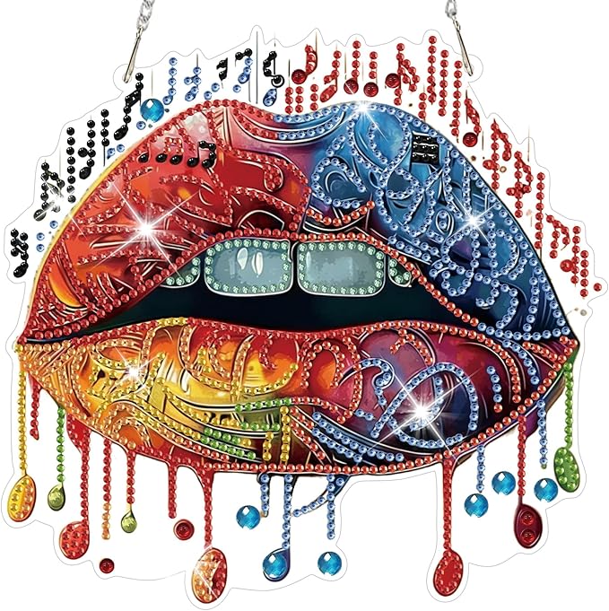 HEIBAGO Music Diamond Art Hanging Kits for Adults, Diamond Art Suncatchers Mouth, 5D Special Shape Diamond Painting Pendant, DIY Window Ornament Gifts for Home Garden Door Wall Decor 8.3 x 8.3 Inch