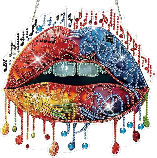 HEIBAGO Music Diamond Art Hanging Kits for Adults, Diamond Art Suncatchers Mouth, 5D Special Shape Diamond Painting Pendant, DIY Window Ornament Gifts for Home Garden Door Wall Decor 8.3 x 8.3 Inch