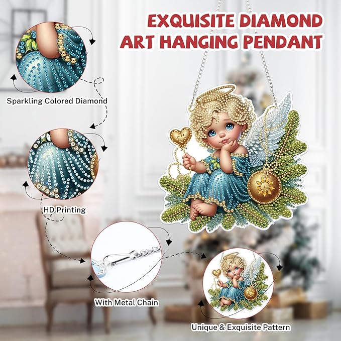 Bowetile Christmas Diamond Art Hanging Kits for Adults, Diamond Art Suncatchers Angel, 5D Special Shape Diamond Painting Pendant Window Ornament Christmas Gifts for Home Door Wall Decor