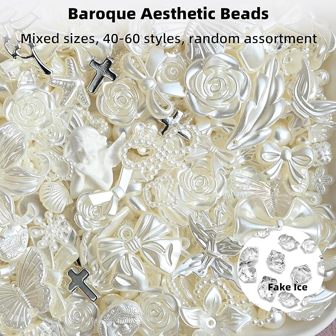 Baroque Pearl Beads for Junk Case Charms Kit,Assorted Unique Aesthetic Y2K Beads with Holes, Vintage Relief Flower Bow Angel Charms for DIY Phone Charms, Bracelet Jewelry Making Decor Supplies, White