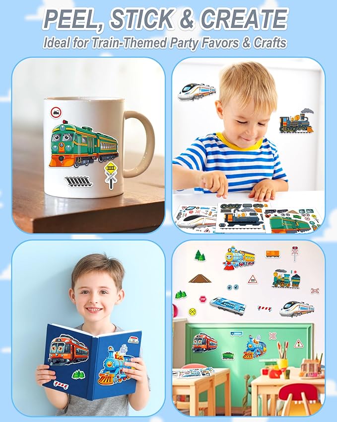 aowplc train stickers for kids – 32 sheets make-a-train mix & match kit – fun party favors & activities