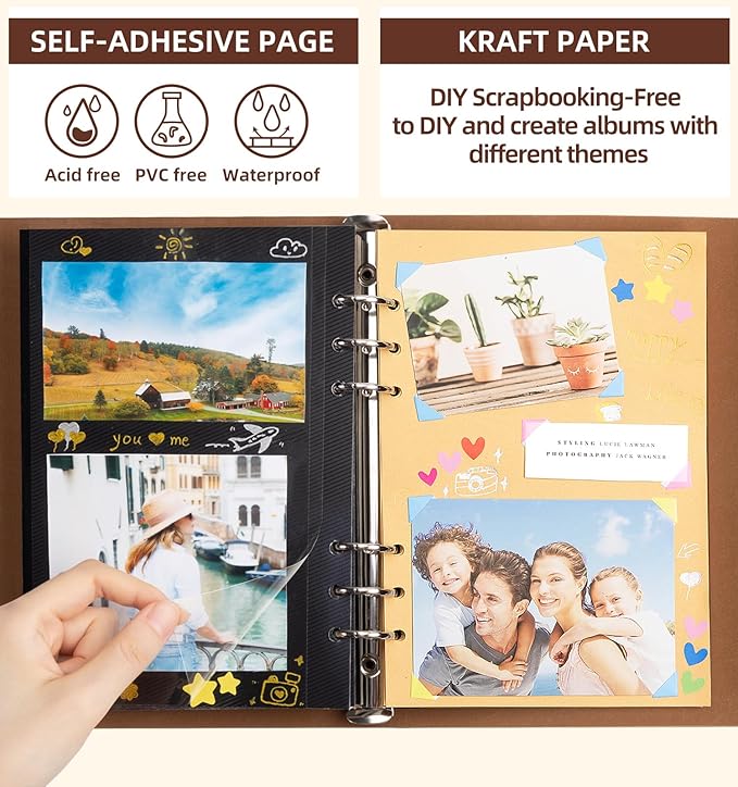 Scrapbook Photo Album 100 Pages, 60 Page Self Adhesive+40 Page Kraft Paper DIY Photo Book for 2x3 3x5 4x6 5x7 Pictures, Leather Memory Book for Wedding Baby Family Travel Birthday Christmas