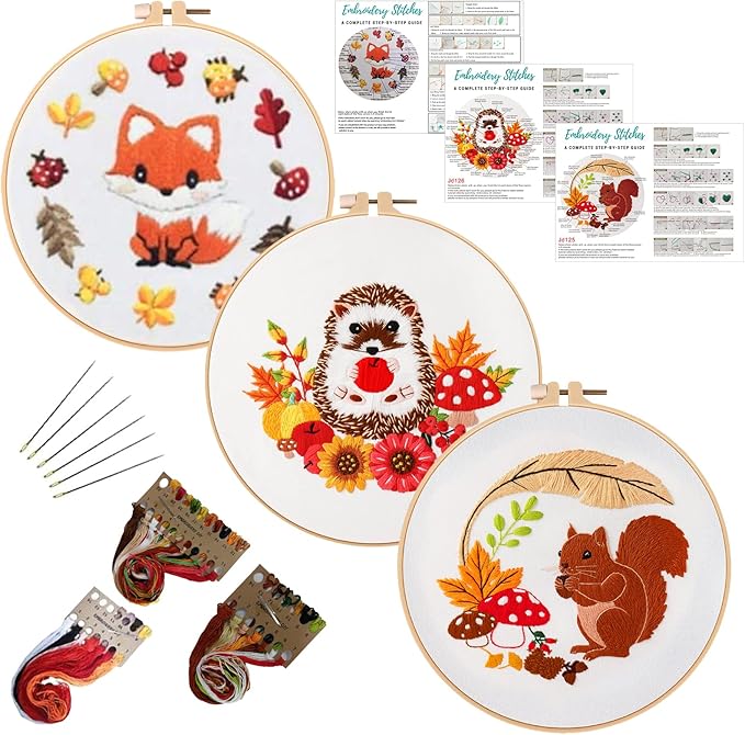 Louise Maelys 3 Set Animal Embroidery Kits for Beginners with Autumn Squirrel Hedgehog Fox Pattern,Adults Starter Cross Stitch Kit DIY Needlepoint