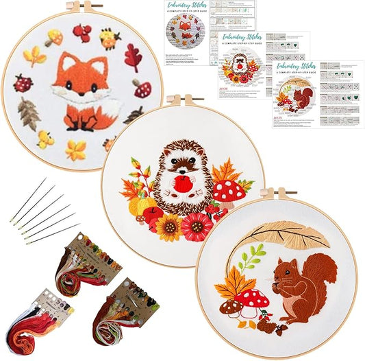 Louise Maelys 3 Set Animal Embroidery Kits for Beginners with Autumn Squirrel Hedgehog Fox Pattern,Adults Starter Cross Stitch Kit DIY Needlepoint